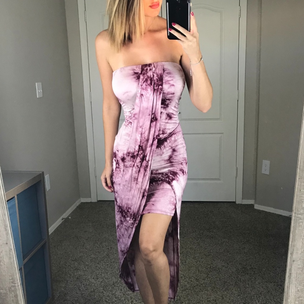 -Pink Tie Dye Strapless Wrap Dress- - Picture 2 of 4